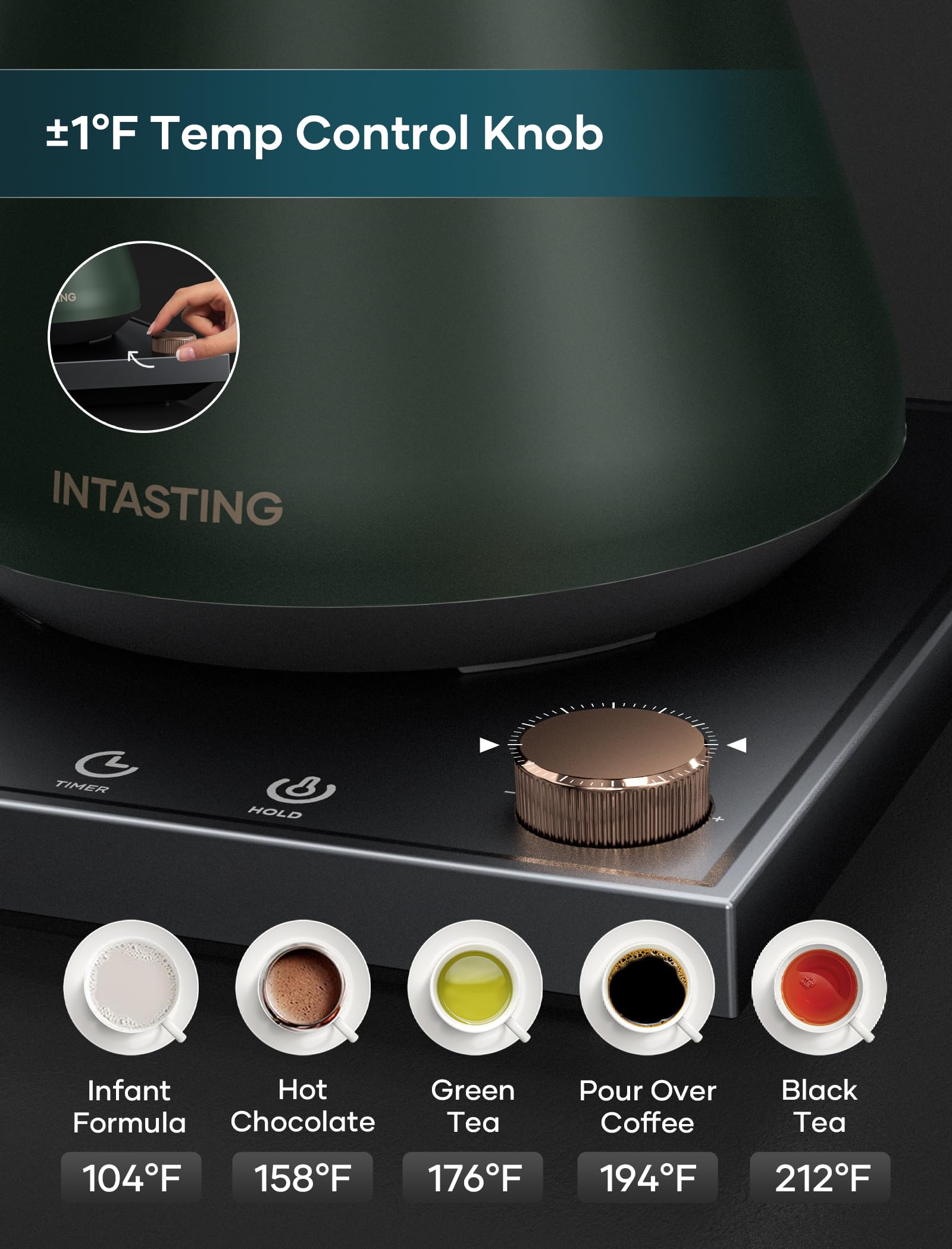 INTASTING Hervidores eléctricos, hervidor eléctrico de cuello de cisne, control de temperatura ±1 ℉, interior de acero inoxidable, calentamiento rápido, para verter sobre café, preparar té, hervir agua caliente, 0,9 L verde cazador