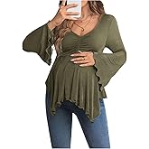 BEAUDRM Women's Maternity Shirts Bell Long Sleeve Pregnancy Tops Ruched V Neck Asymmetrical T-Shirt