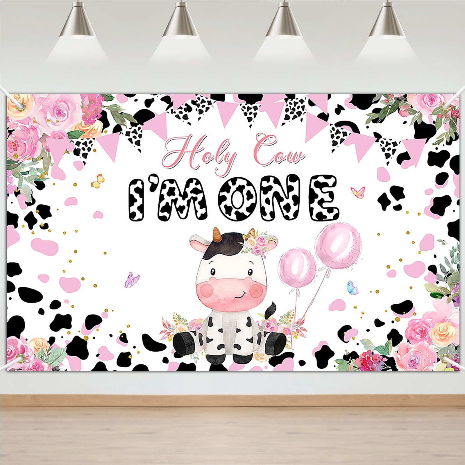 Photo 1 of Avezano Holy Cow I'm One Birthday Backdrop Flower Farm 1st Birthday Party Decorations Holy Cow I'm One Banner 70.8 x 43.3 Inch
