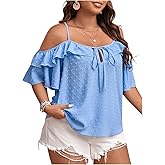SOLY HUX Women's Plus Size Cold Shoulder Blouse Ruffle Trim Tie Front Shirts Casual Swiss Dots Tops