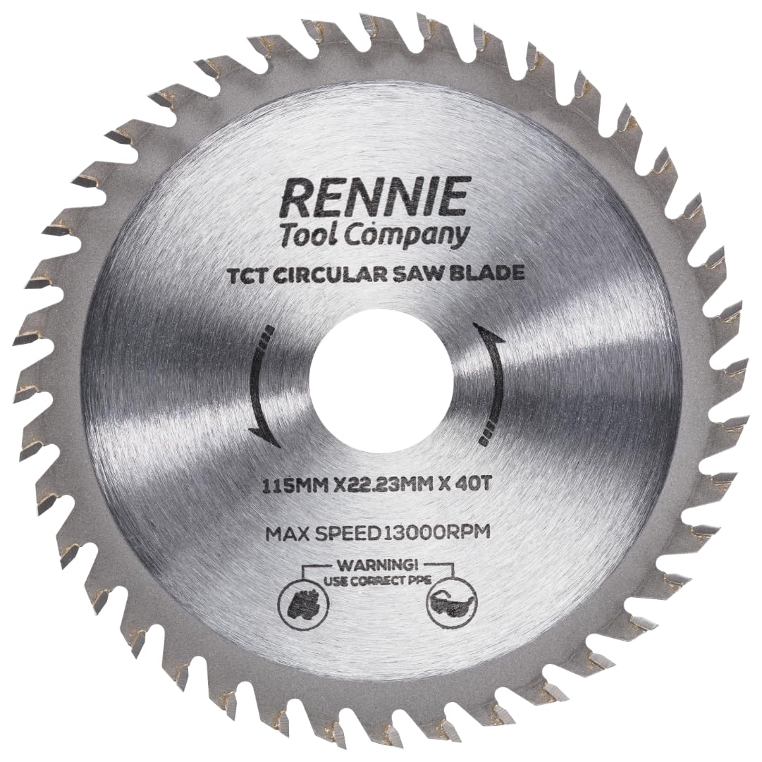 Rennie Tools - 115mm Circular Saw Blade TCT Wood Cutter Blade. 40 Teeth (40T) Carbide Tipped Saws for Woodworking Wood Cutting 7/8 inch (22.23mm) Bore + 20mm and 16mm Reduction Rings.