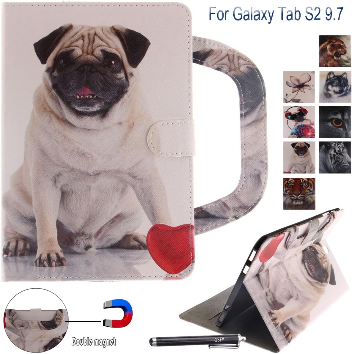 Galaxy Tab S2 9.7 Case, Newshine Portable Type PU Leather Magnetic Folio Wallet Cover with Card Holder for Samsung Galaxy Tab S2 9.7 inch SM-T810/T813/T815 Tablet, Pug