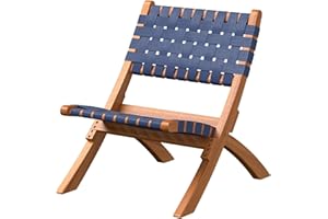 Patio Sense 63636 Sava Indoor Outdoor Folding Chair Low Slung Portable Seating Solid Acacia Wood Woven Seat Back Seat Indoors Porch Lawn Garden Fishing Sporting - Navy Blue Webbing