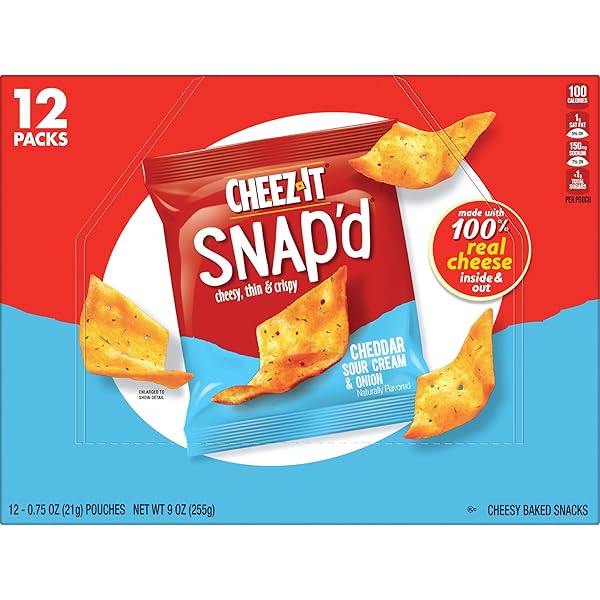 CHEEZ-IT SNAP’D CHEESE CRACKER CHIPS, THIN CRISPS, LUNCH SNACKS, CHEDDAR SOUR CREAM AND ONION, 9OZ BOX (12 POUCHES)