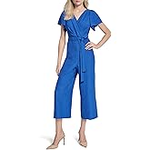 DKNY womens Short Flutter Sleeves Surplice Neck Wide Leg Belted Jumpsuit