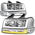 Auto Dynasty 4PCS Switchback U-LED DRL Composite Headlights Assembly & Bumper Lamps Compatible with Chevy Express GMC Savana 1500-4500 2003-2024, Driver & Passenger Side, Chrome Housing Clear Corner