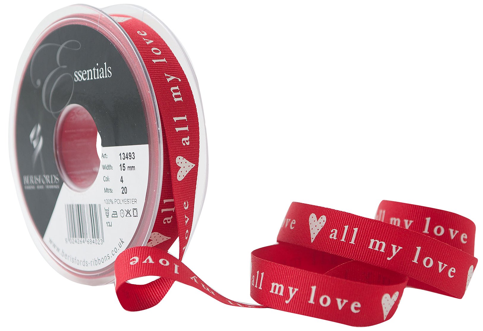 Berisfords 15mm All My Love Ribbon, Red and Ivory