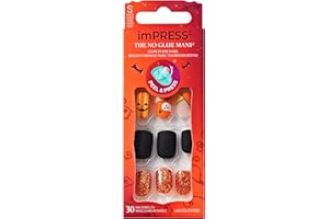 KISS imPRESS Halloween Press On Nails, ‘In Your Sleep’, Orange, Short Squoval, Matte Finish, No Glue, Glow-In-The-Dark, Includes Prep Pad, Mini Nail File, Manicure Stick & 30 Fake Nails