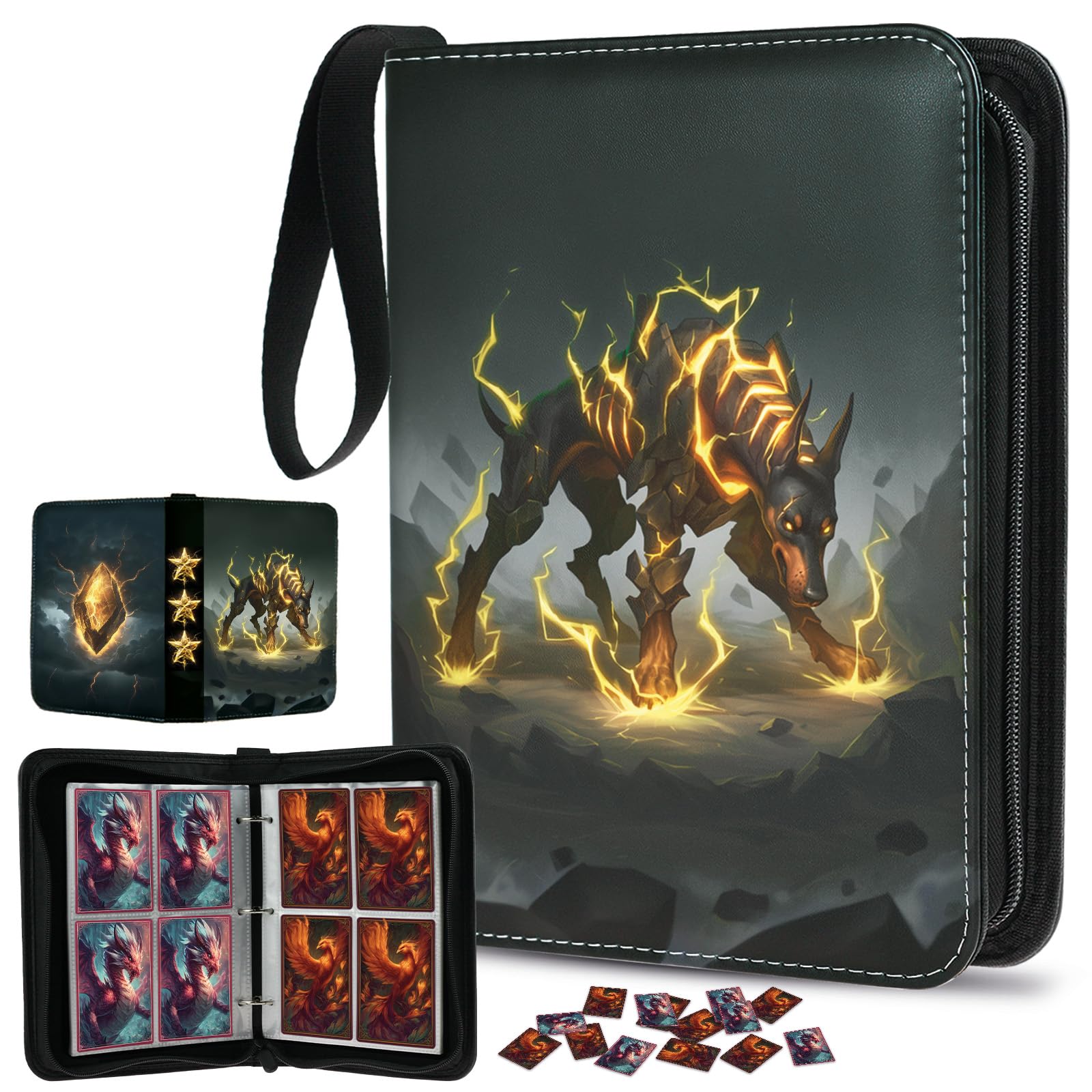 Trading Card Binder 4-Pocket Holds 400 Cards with 50 Removable Sleeves, Zipper PU Leather Collector Album Portable Card Holder with Wrist Strap, Gift for Boys Girls Kids Friends (Thunder Hound)