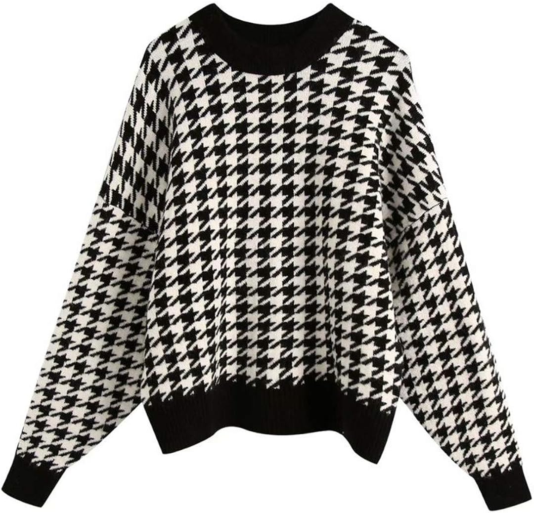Women Vintage Houndstooth Pattern Pullovers Knitting Sweater Ladies