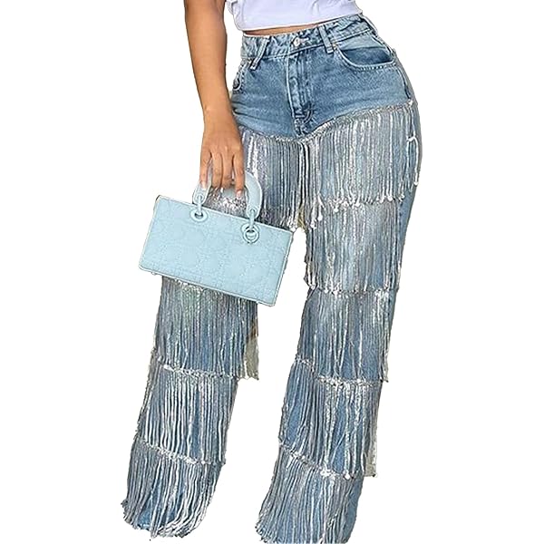 NRTHYE Womens Glitter Fringe Baggy Jeans Causal High Waisted
