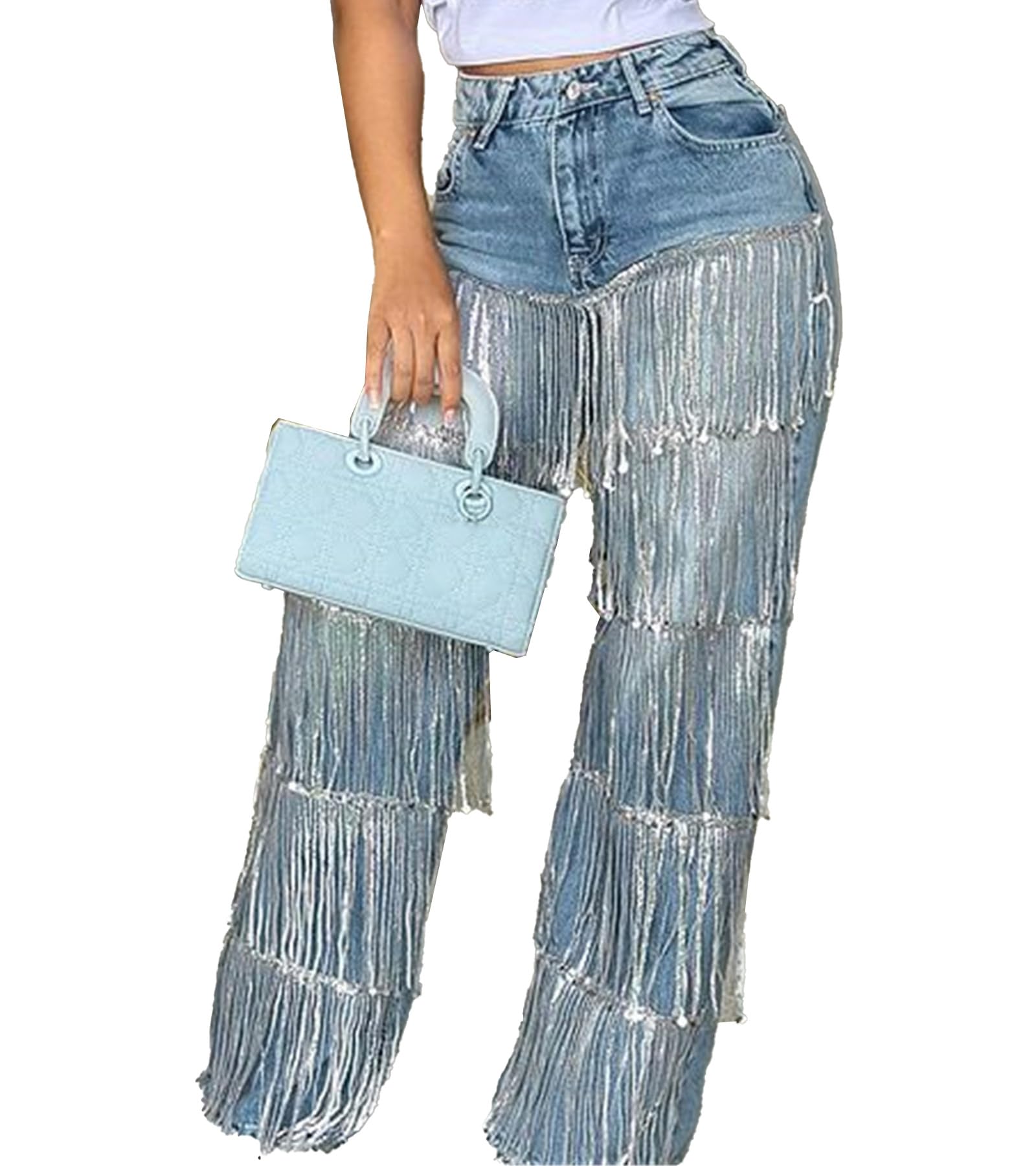 Fashionable sequin high waisted straight leg wide leg