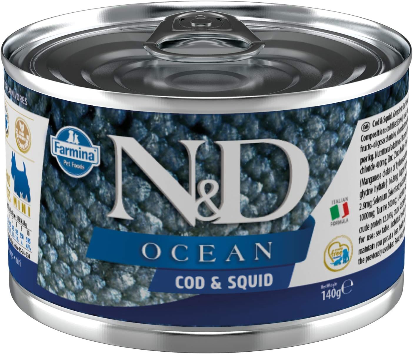 Farmina N&D Ocean Sea Bass and Squid for Adult Mini-Breed Dogs 4.9 Ounces, case of 6