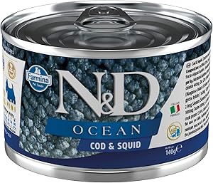 Farmina N&D Ocean Sea Bass and Squid for Adult Mini-Breed Dogs 4.9 Ounces, case of 6