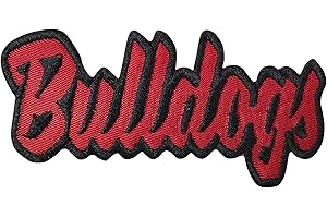 WHOLESALE APPLIQUE Bulldogs Mascot, Team Name, Embroidered, Iron on Patch (Red Twill/Black Outline)