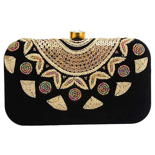 MaFs Womens Hand Embroidered/Zari Zardozi work Box Clutch Bag For Bridal, Casual, Party, Wedding || Black