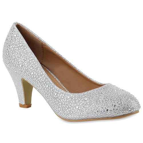 Klassische Damen Pumps | Strass Glitzer Party Schuhe | Metallic Stilettos | Absatzschuhe Abendschuhe Lack | Flandell®