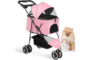 Pet Stroller,Dog Stroller for Small Medium Dogs Cats,3 Wheels,Foldable,with Breathable Mesh Canopy,Cup Holders,Easy Assembly,
