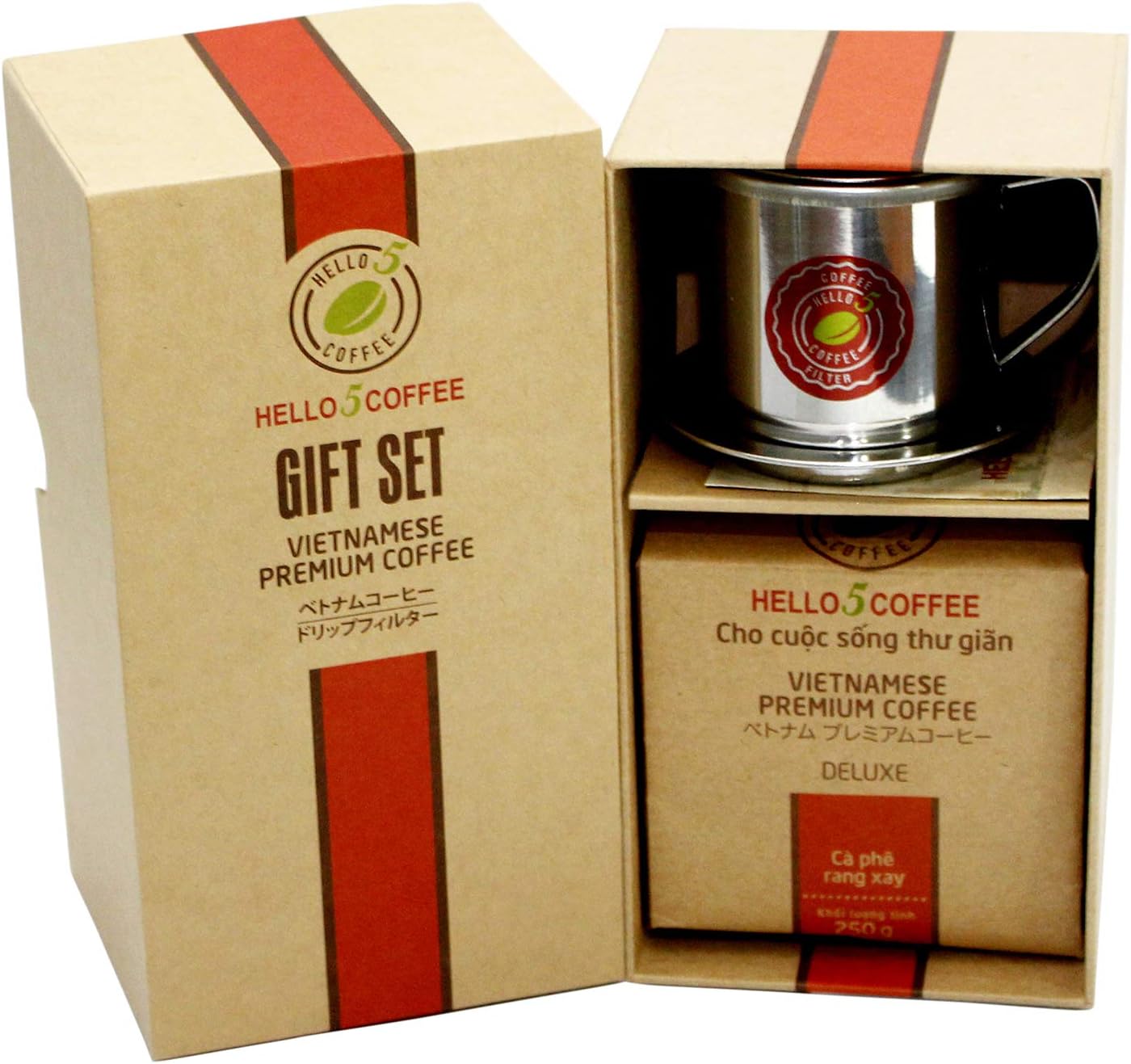 Hello 5 Giftset Deluxe ( Ground Coffee ) - Premium Vietnamese Coffee - Hello 5 Deluxe Coffee and Traditional Vietnamese Filter - 50% Arabica Coffee Ground , 50% Robusta. Eco-friendly