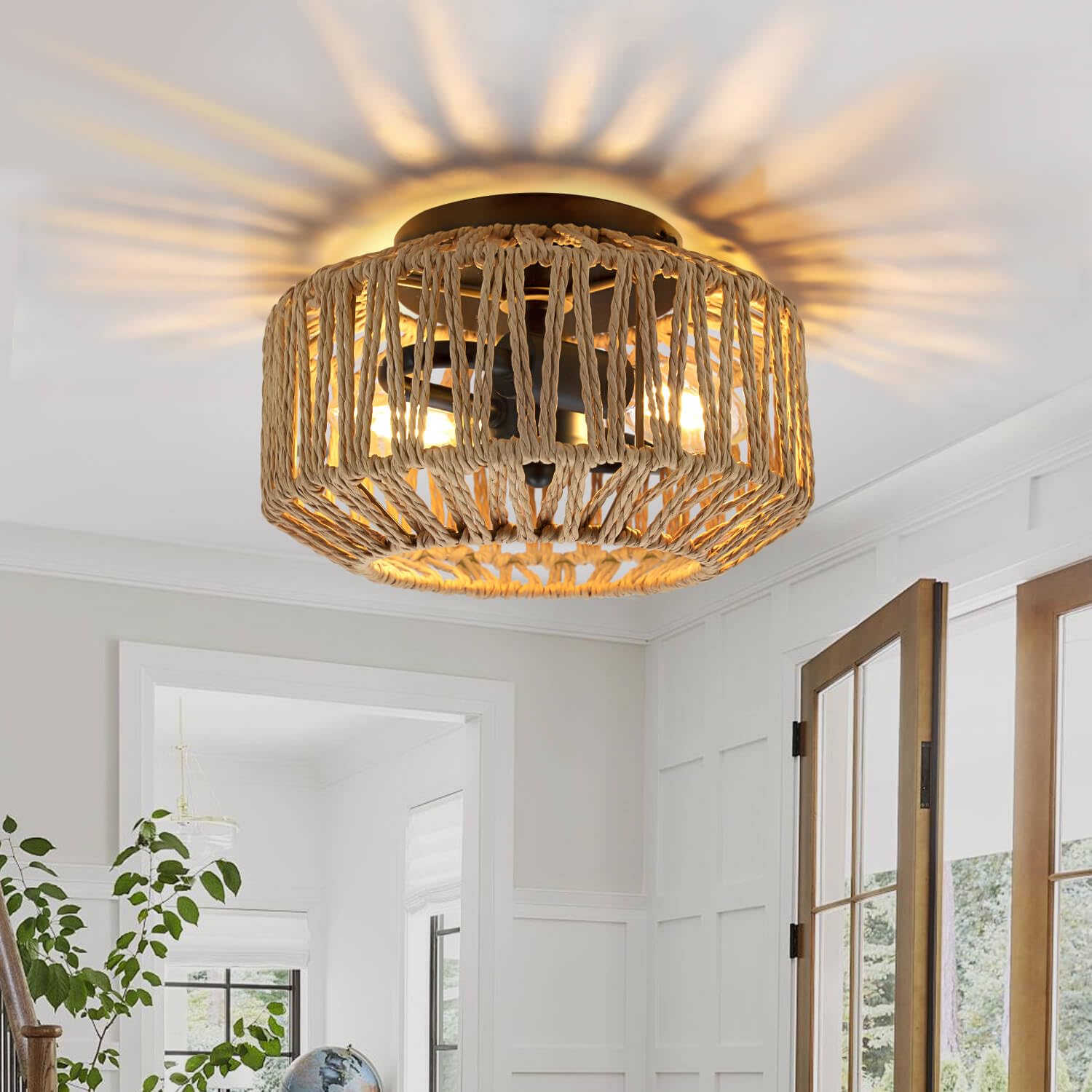 Photo 1 of FEHEED Boho Light Fixtures Ceiling,2-Light Rattan Light Fixtures Ceiling Mount,Farmhouse Ceiling Lighting Fixtures for Kitchen Bathroom Foyer Hallway Bedroom etc