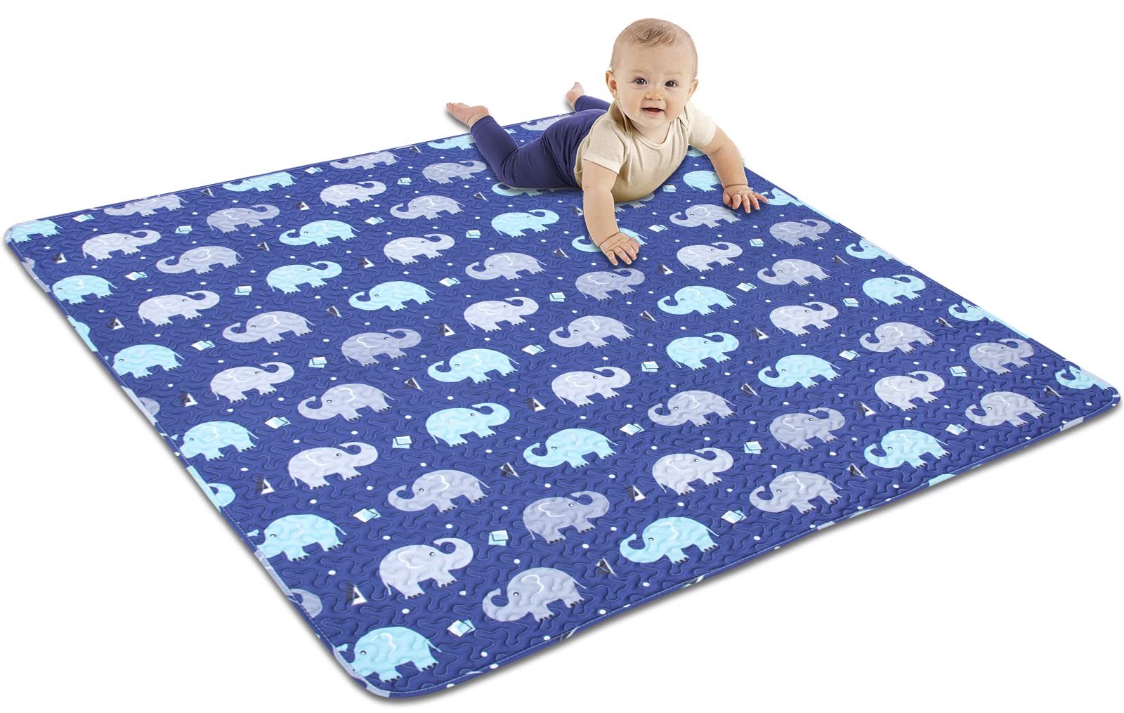 Photo 1 of Baby Floor Play Mat Foldable Crawling Mat, 50x50 Play Mat for Playpen, Washable Non Slip One-Piece Playmats Portable, Cushioned Baby Tummy Time Mats for Infants and Toddlers (Blue Elephant)