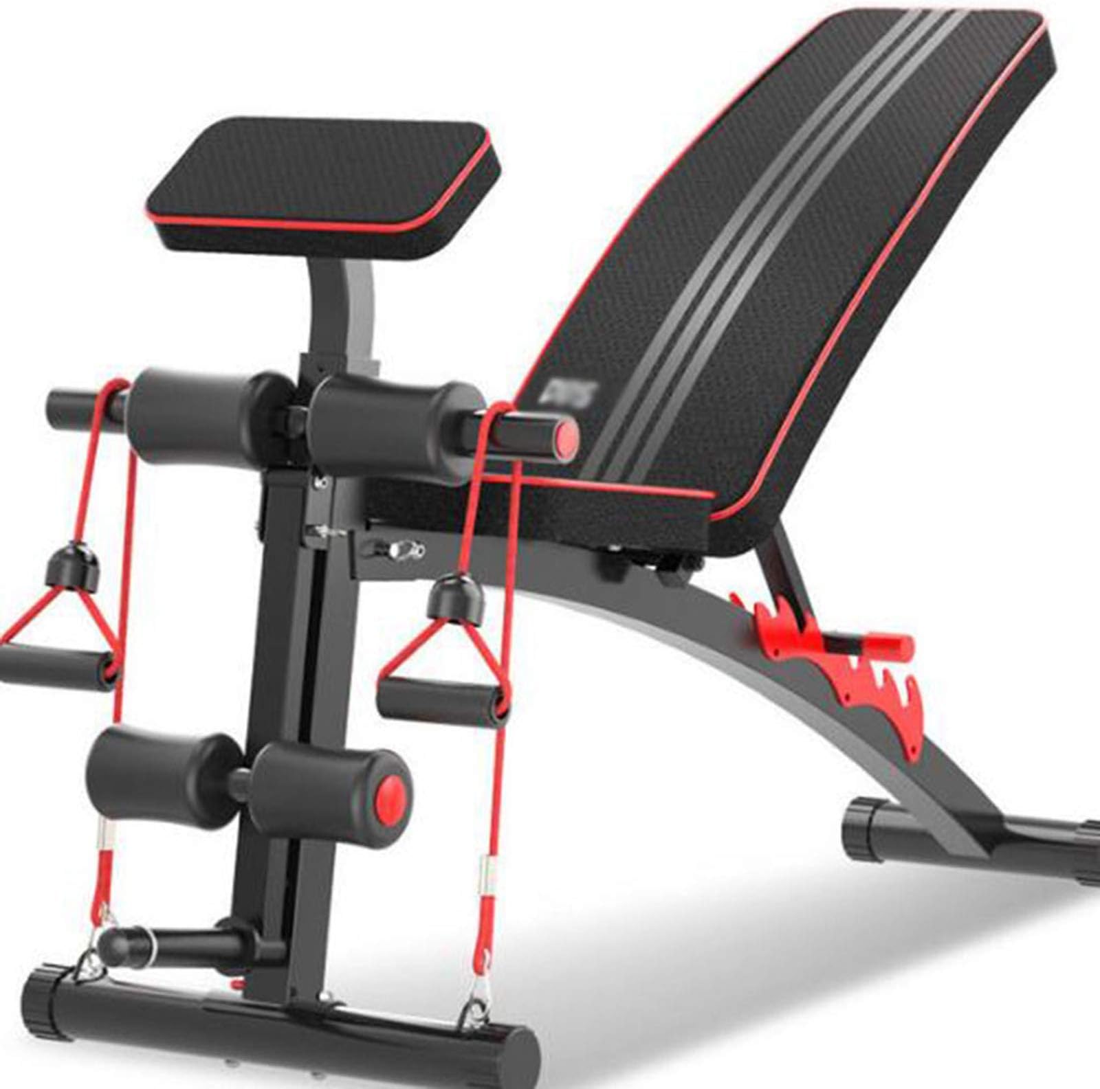 Fitness bed, adjustable curved seat, 10 sets of fitness mode, priest bench, dumbbell rowing, foldable, home version, gym bar,Black,140 * 50 * 106cm