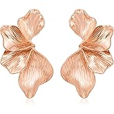 FAUTHENTICUTE Chunky Gold Statement Earrings For Women Gold Plated Sectored Flower Leaf Shell Angel Wing Earrings Trendy Boho Jewelry For Women Large Stud Earrings Hypoallergenic Earrings