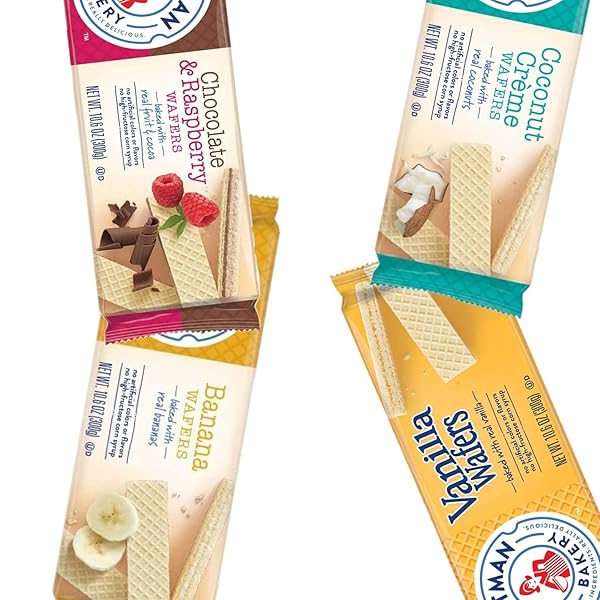 VOORTMAN BAKERY WAFERS VARIETY | VANILLA, BANANA, COCONUT CREME, CHOCOLATE AND RASPBERRY | 4 PACK