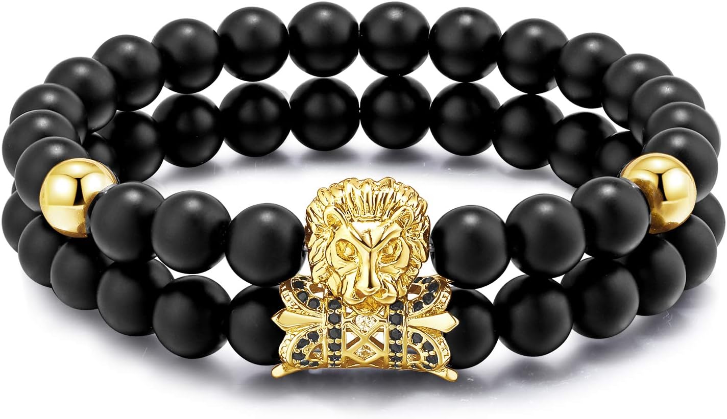 Meangel Charm Beads Bracelet for Men Women Black Matte Onyx Stone Beads Tiger Head Handmade Jewelry Set