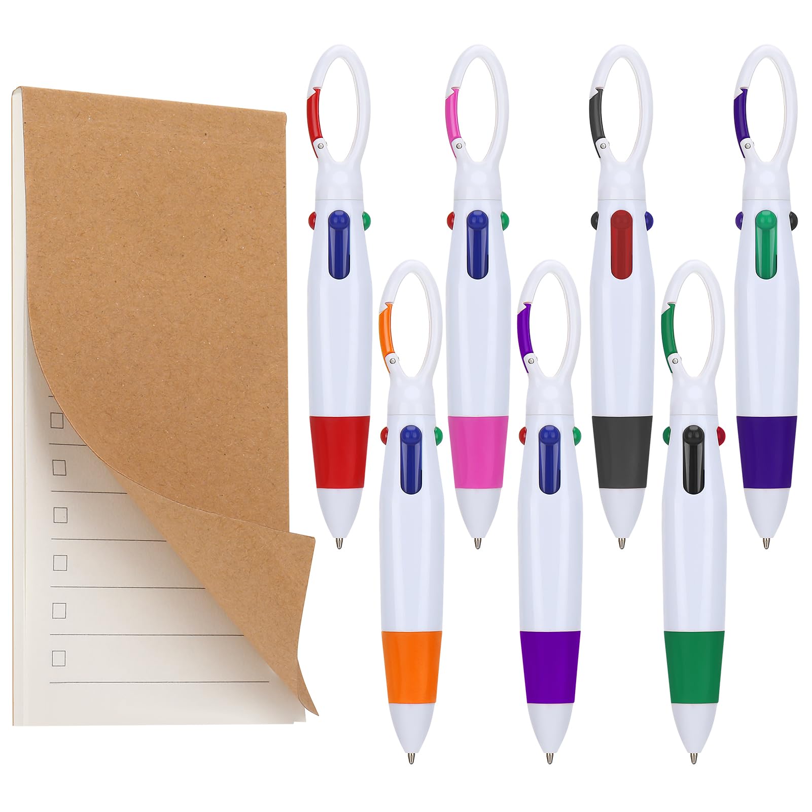 Candcamp 7 Pack Lanyard Pens with Notebook Set, 4-in-1 Multicolor Pens Keyring Pen Portable Ballpoint Pen with Buckle Keychain on Top for Office School Students Adults Kids