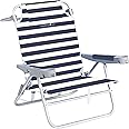 CARIBBEAN JOE Folding Beach Chair, 5 Position Portable Backpack Foldable Camping Chair with Headrest and Cup Holder Armrests, Navy/White Stripe