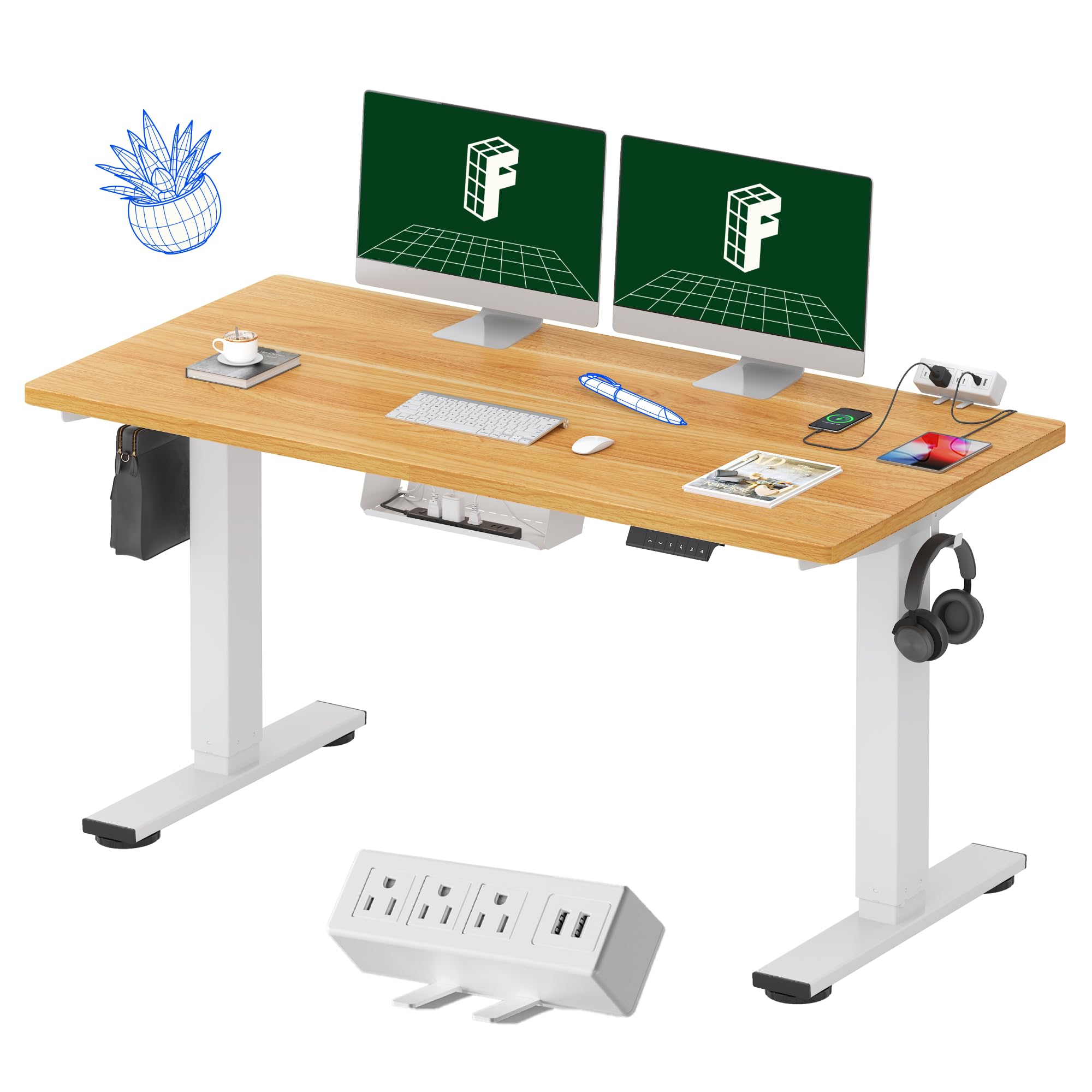 FLEXISPOT EN2 Whole-Piece Standing Desk with Clamp Power Strip, 55 x 28 Electric Stand Up Height Adjustable Desk with Cable Management (White Frame + 55