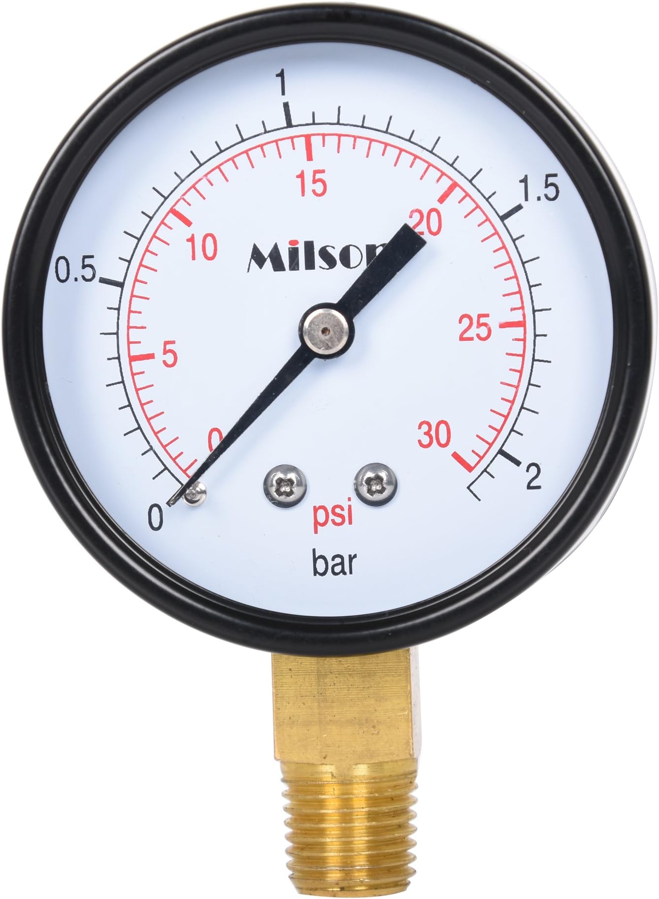 Milson Pressure Gauge, 2.5" Black Steel Case, Bottom Mount, 1/4"NPT, 0+30 Psi/Bar, Accuracy: +/-2.0, Brass Internal, Multiple Function