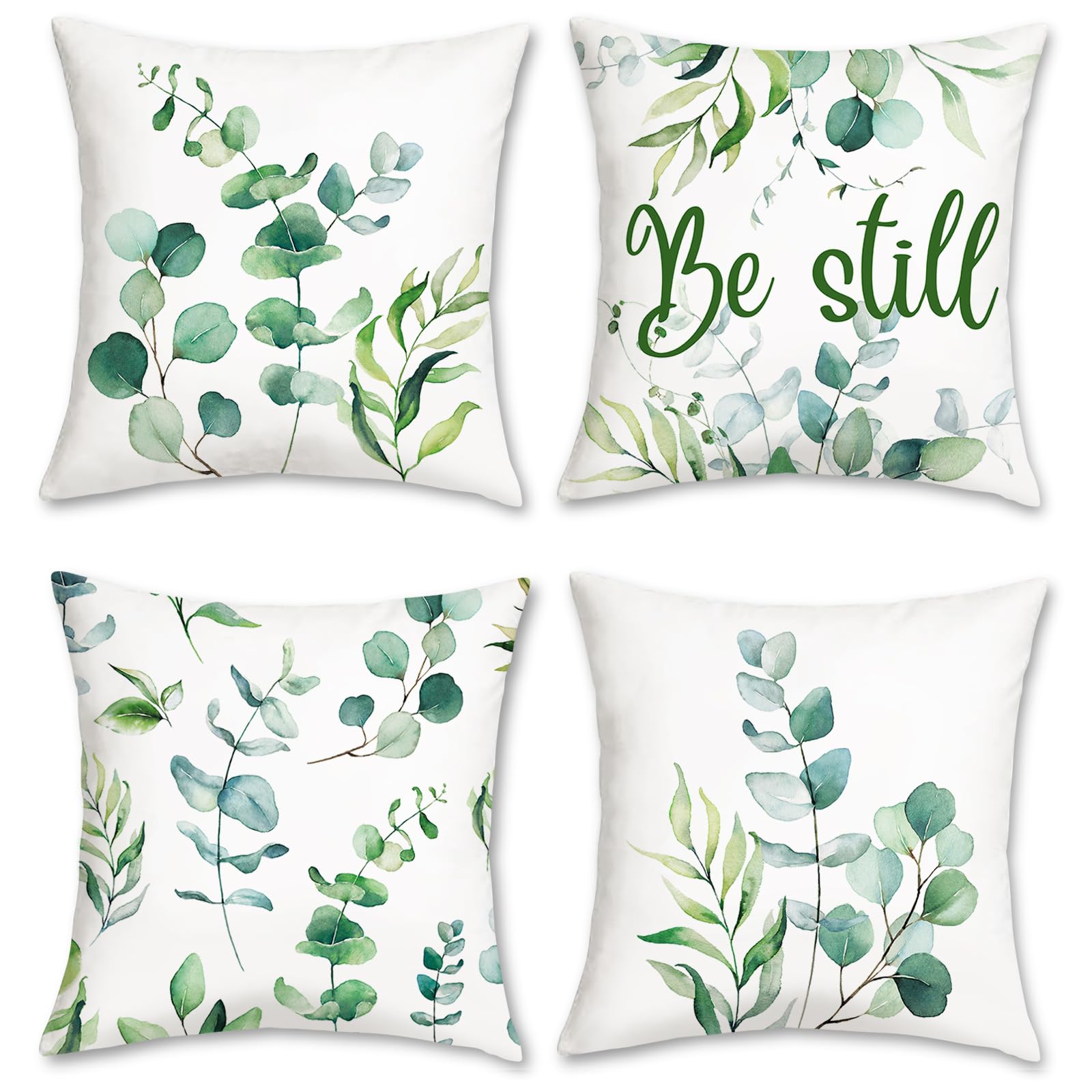 Bonhause Eucalyptus Leaves Cushion Covers 45 x 45 cm Green Leaf Plants Spring Decorative Throw Pillow Covers for Couch Bedroom Garden Home Decor Set of 4