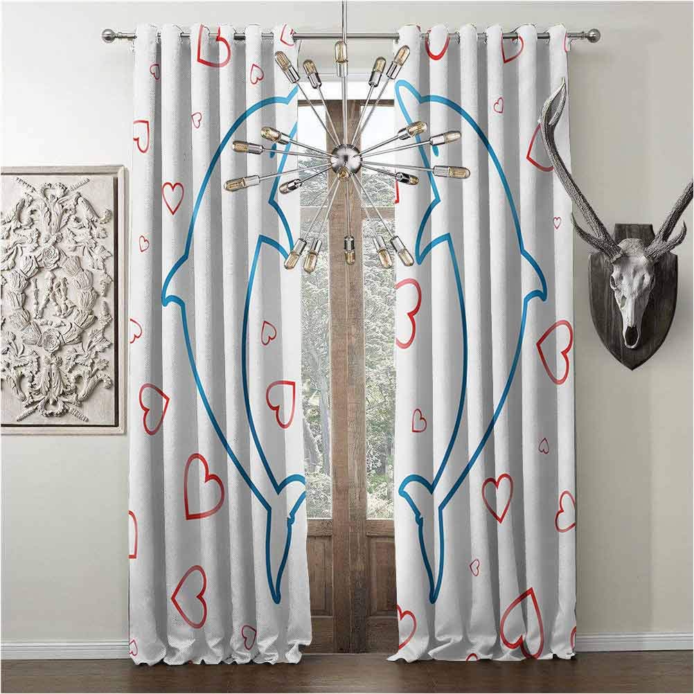 pattern Design Shade curtains , Sea Animals, curtain for sitting-room, Two Dolphins with Red Heart Romance Love Valentines Happiness in Ocean Theme, W120 x L96 Inch, Blue White, grommets sunshade,