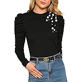 Remidoo Women's Solid Round Neck Puff Long Sleeve Slim Fit T Shirt Tops