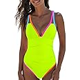 popvil Women's One Piece Neon Color Block 2025 Swimsuits Tummy Control Swimwear Deep V Neck Slimming Bathing Suit