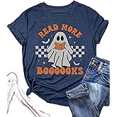 Teacher Halloween Shirt Women Read More Books T-Shirt Spooky Teacher Ghost Tees Short Sleeve Halloween Party Tops