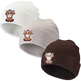 Funnysoft 3 Pcs Valentine's Day Beanie Hats Knit for Men Women - Soft Winter Warm Highland Cow Embroidered Stretch Smile Beanies, One Size Fits Most (White, Khaki, Brown)
