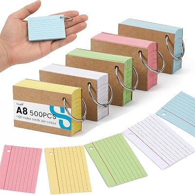 Koogel Mini Flash Cards with Rings 500 Pcs A8 7.4x5.2cm Colour Coded