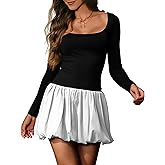 HYPERFIRE Women's Elegant Long Sleeve Scoop Neck Puff Bubble Mini Cocktail Dress Party Club