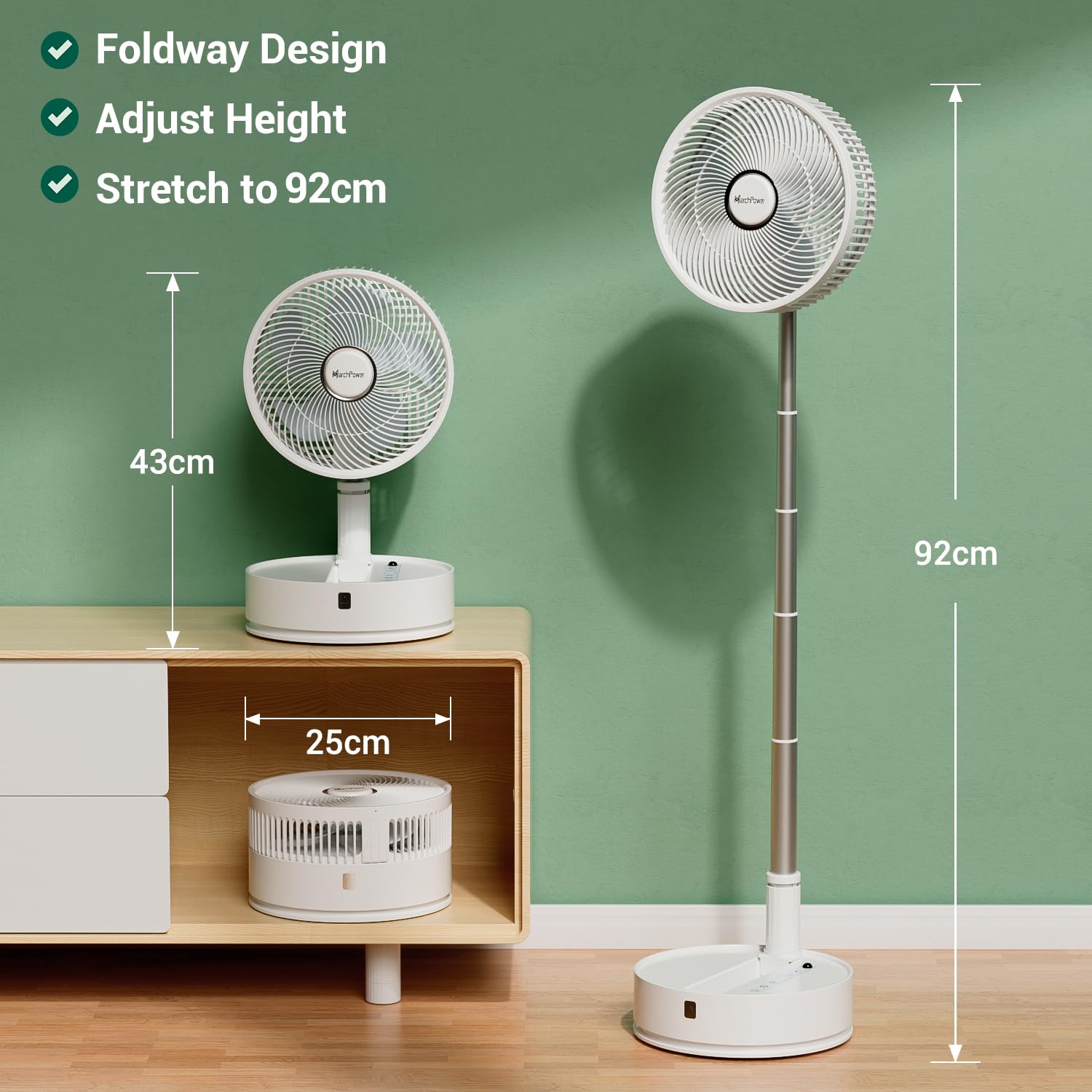 Marchpower Ventilator leise Standventilator mit Fernbedienung höhenverstellbar bis 92cm akku Ventilator, 5 Geschwindigkeitsstufen 90° Automatische Oszillation Standlüfter mit Tragetasche Ø10''/25CM 7