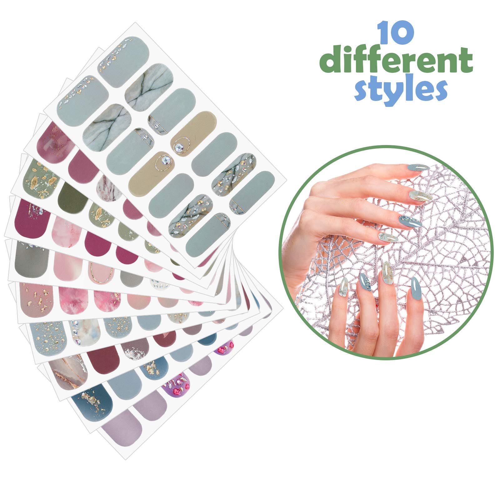 140 Pcs 10 Sheets Full Wrap Nail Stickers Polish Strips Gradient Stickers Glitter Self Adhesive DIY Art Decals Strips with 2 Pcs Nail Files for Holiday Decor (Classic Style) - Image 7