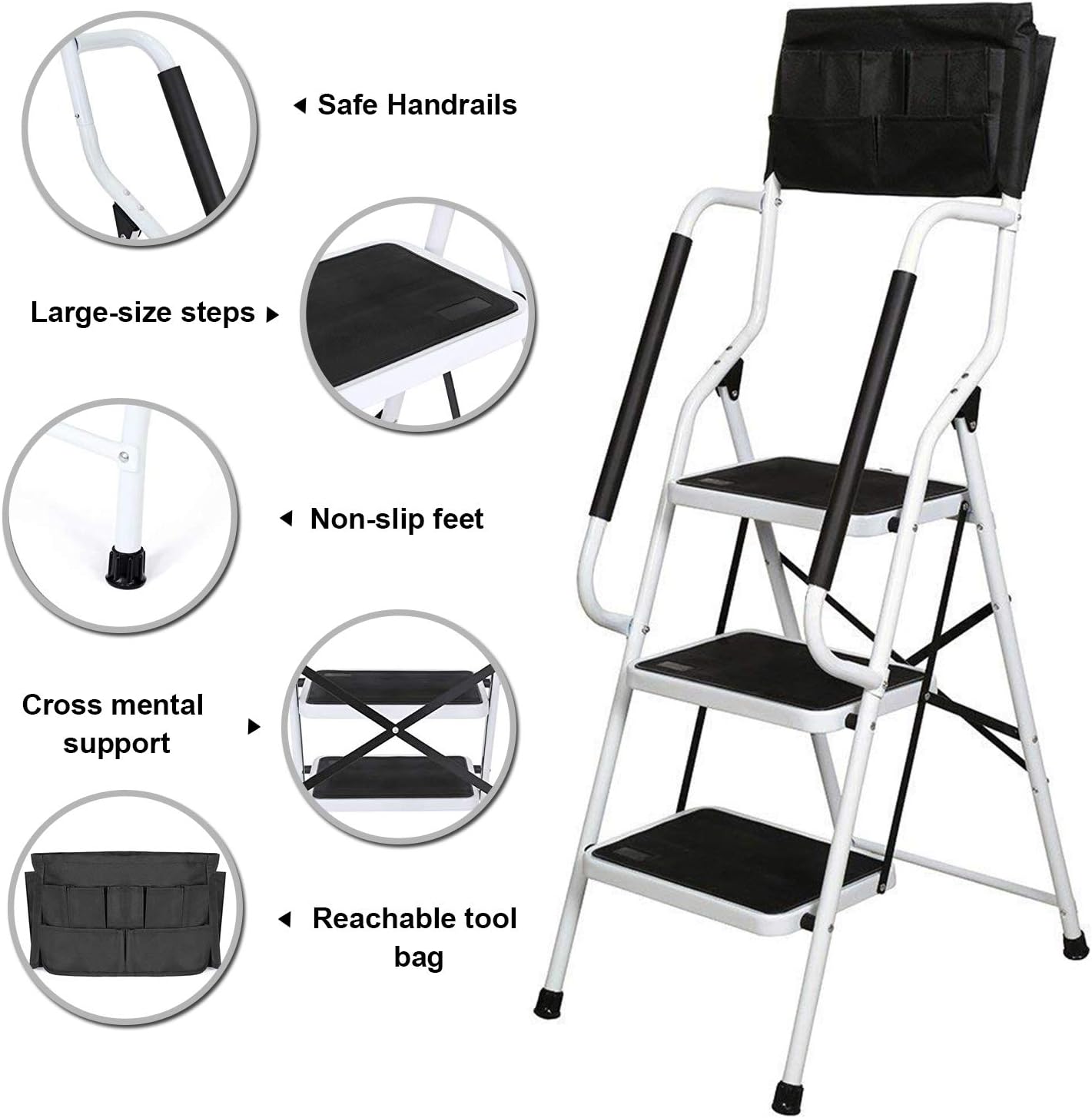 charaHOME 3 Step Ladder Step Stool 500 lb Capacity Folding Portable Ladder Steel Frame with Safety Side Handrails Non-Slip Wide Pedal Kitchen and Home Stepladder with Attachable Tool Bag - - 