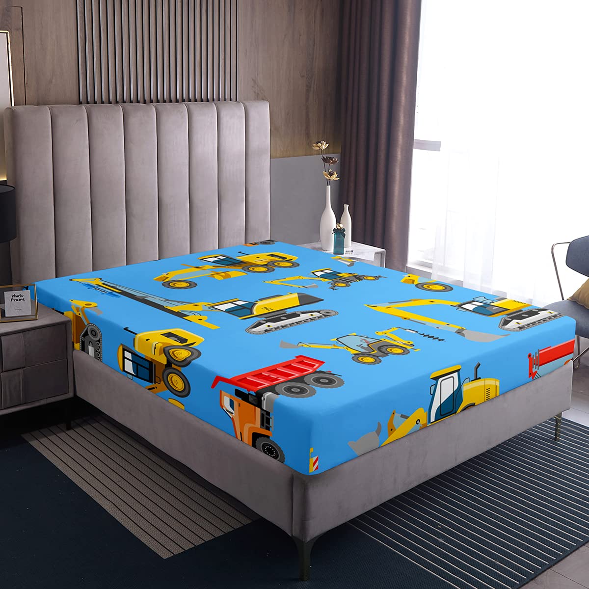 Loussiesd Kids Excavator Fitted Sheet 100% Microfiber Breathable Cartoon Tractor Only Bedsheet No Pillowcases Fitted Sheets Luxury Double(135x200+30cm)