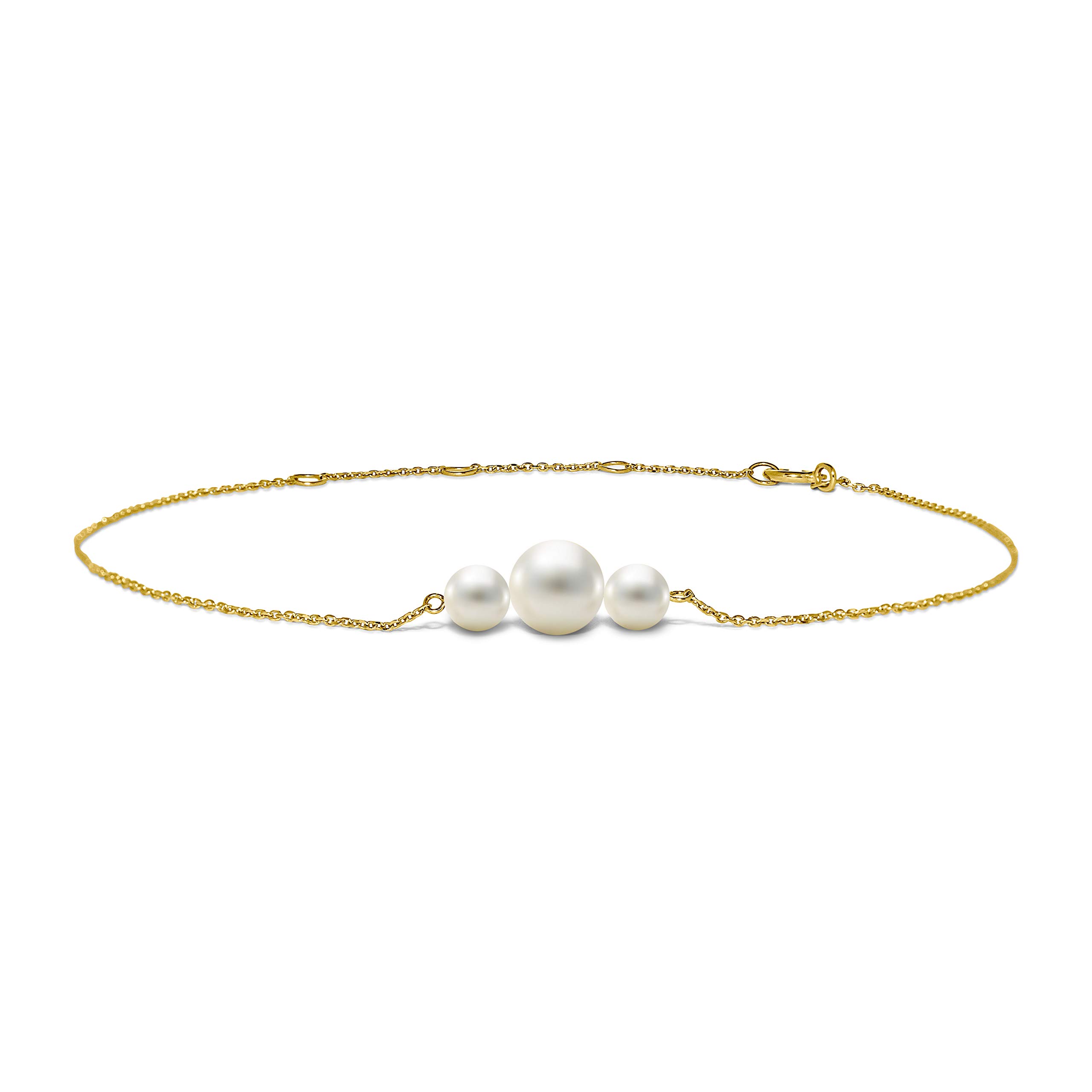 MIORE 14kt 585 Yellow Gold Bracelet for Women with 3 White Freshwater Pearls 6.5 mm, Adjustable Chain Length 22 cm- Delivered in Jewellery Box