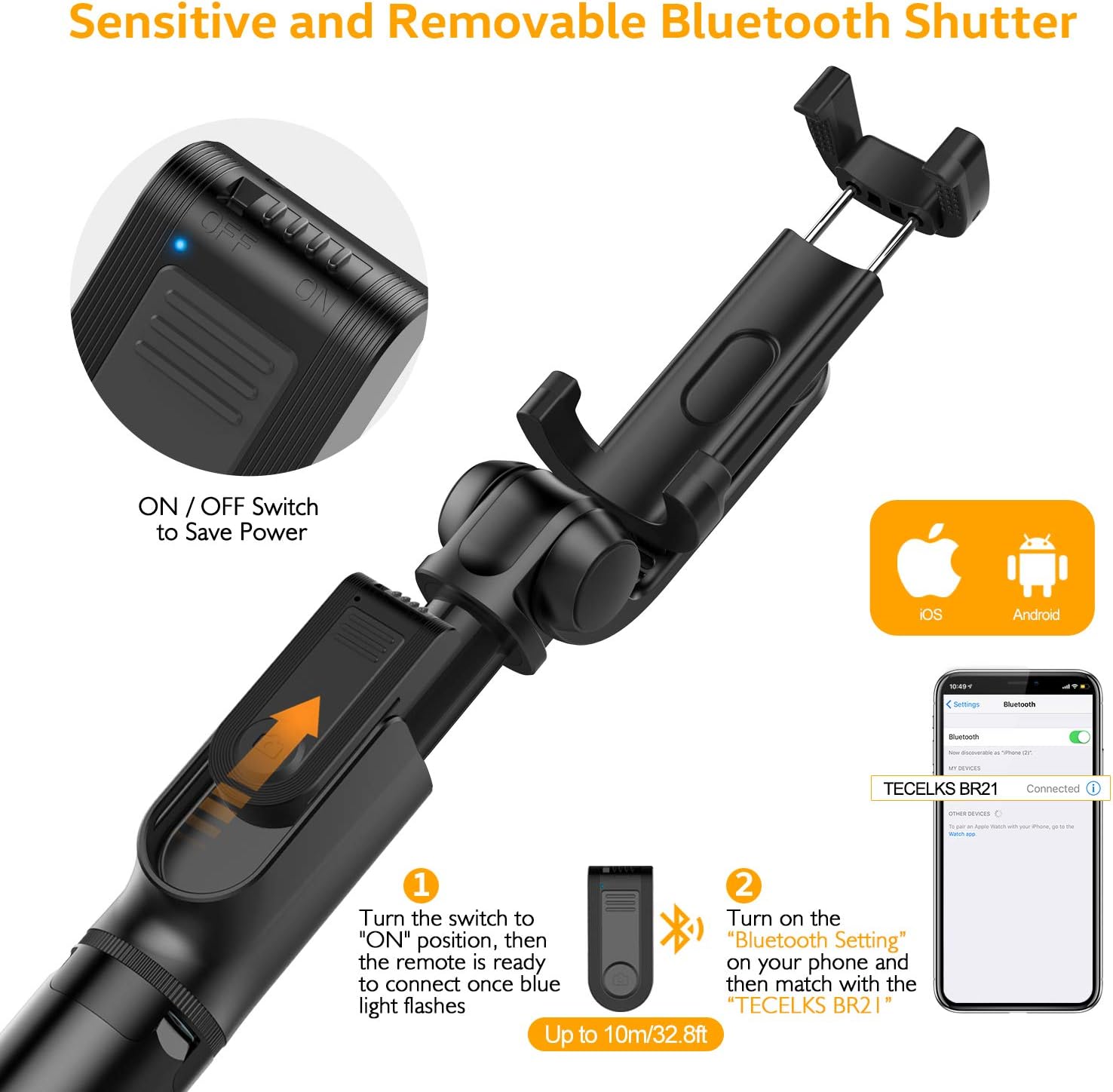 Selfie Stick Tripod, TECELKS Extendable Cell Phone Tripod with Detachable Bluetooth Remote Shutter, Suitable for Travel/Live Stream/Photography, Compatible with iOS/Android - BR21: Electronics