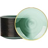 LCCFHTI 100PCS Transparent Green Gold Plastic Plates, 7 Inch Heavy Duty Disposable Dessert Plate with Gold Rim, Round Appetizer/Salad Plates for Wedding, Party, Camping, Picnic