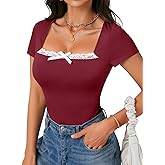 Rooscier Women's Cute Tops Lace Trim Knot Square Neck Short Sleeve Slim Fitted Tee Shirts Going Out Blouse