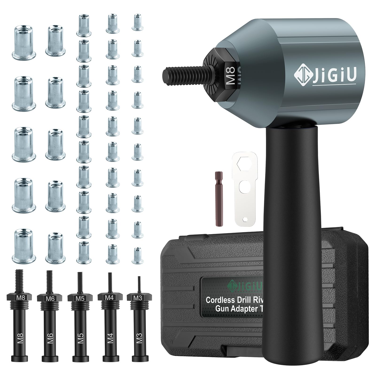 Cordless Rivet Nut Drill Adapter Kit Electric Rivet Gun Adapter with 5 Mandrels & 40 Nuts Easy to Install Nut Gun Adapter Electric Nut Gun Adapter for Mechanical Automobile Maintenance